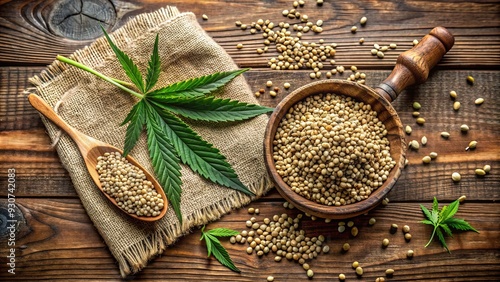 Natural hemp seeds and leaves spread out on a rustic wooden table, surrounded by earthy tones and natural fibers, evoking a sense of organic simplicity. photo