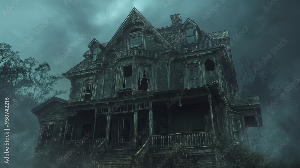 Obraz premium Creepy victorian house with broken windows is shrouded in fog, creating an eerie and mysterious atmosphere for halloween
