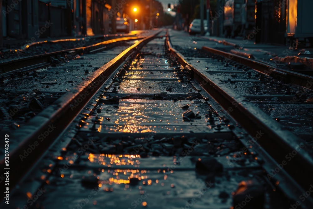 Obraz premium Train track with water puddles and reflection