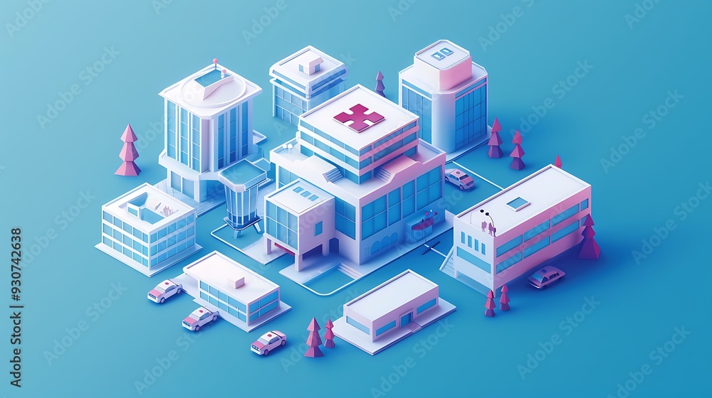 Isometric view of a hospital icon in 3D vector, featuring specialized medical wings and clinics, isolated Isometric view of a hospital icon in 3D vector, featuring specialized medical wings and clinics, isolated