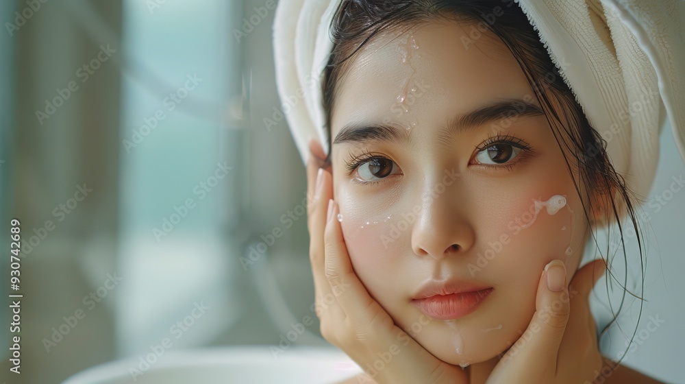 attractive korean woman hair in towel, wash face, morning routine attractive korean woman hair in towel, wash face, morning routine