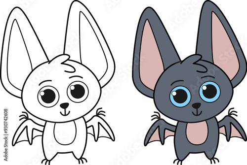 Bat children coloring with a hint. Cute animal coloring, black and white illustration.