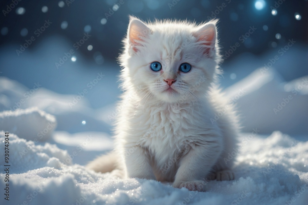 Cute Fluffy White Kitten on Snowy Ground with Sparkling Blue Eyes Cute Fluffy White Kitten on Snowy Ground with Sparkling Blue Eyes