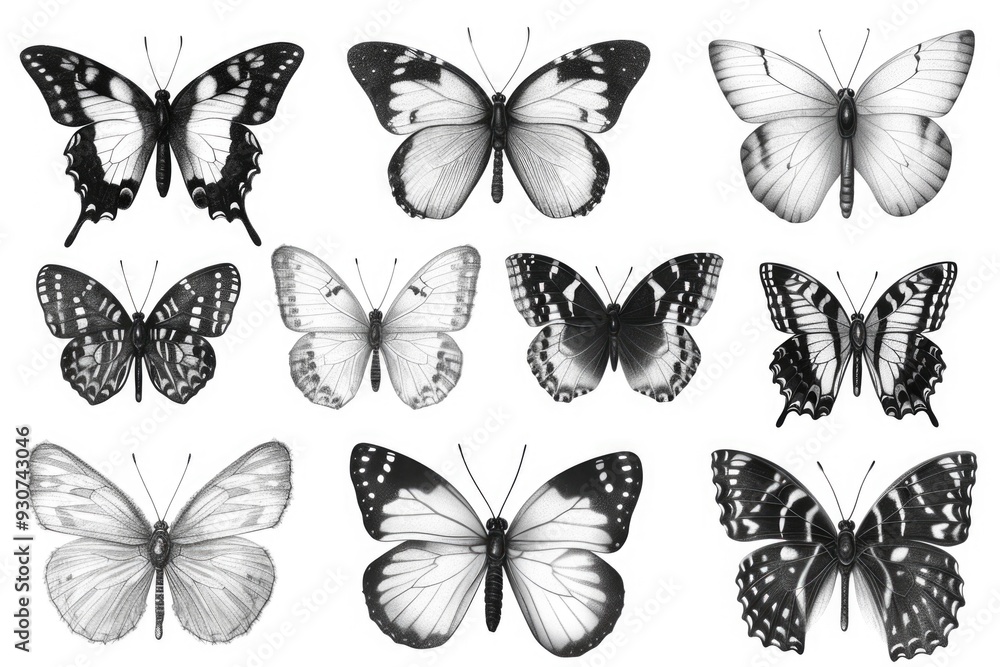 Close-up of black and white butterflies on a white background Close-up of black and white butterflies on a white background