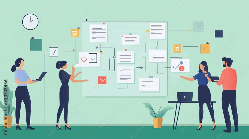 A well-structured workflow chart on a wall, with employees discussing and optimizing their productivity strategies A well-structured workflow chart on a wall, with employees discussing and optimizing their productivity strategies