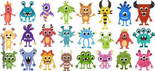 Cute cartoon monsters for halloween big set. Collection of fantasy creatures or aliens.