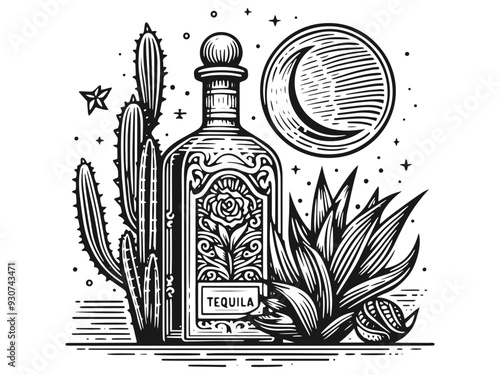Pattern of mexican alcohol tequila drinking. Bottle, agave, glass, lemon or lime. Generative ai.