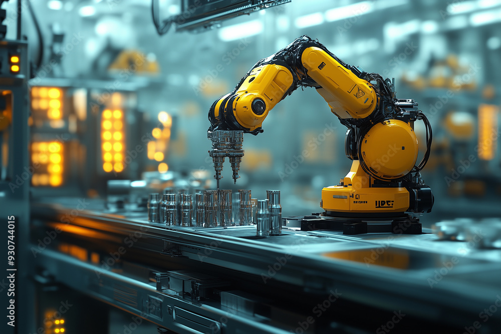 Robotic arms assembling parts in an industrial setting Robotic arms assembling parts in an industrial setting