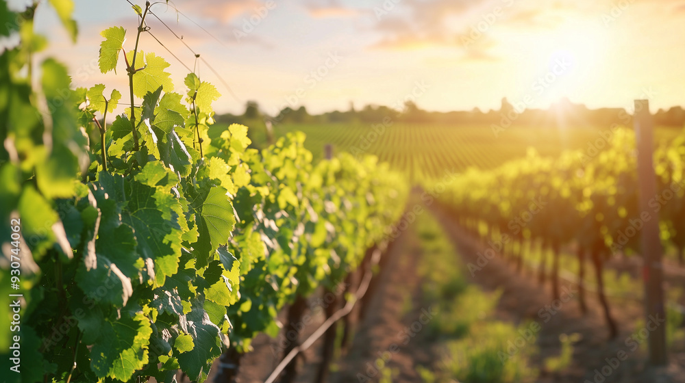 Endless rows of green vines in a sunlit vineyard, highlighting the meticulous cultivation of grapes in a serene countryside. photo Endless rows of green vines in a sunlit vineyard, highlighting the meticulous cultivation of grapes in a serene countryside. photo