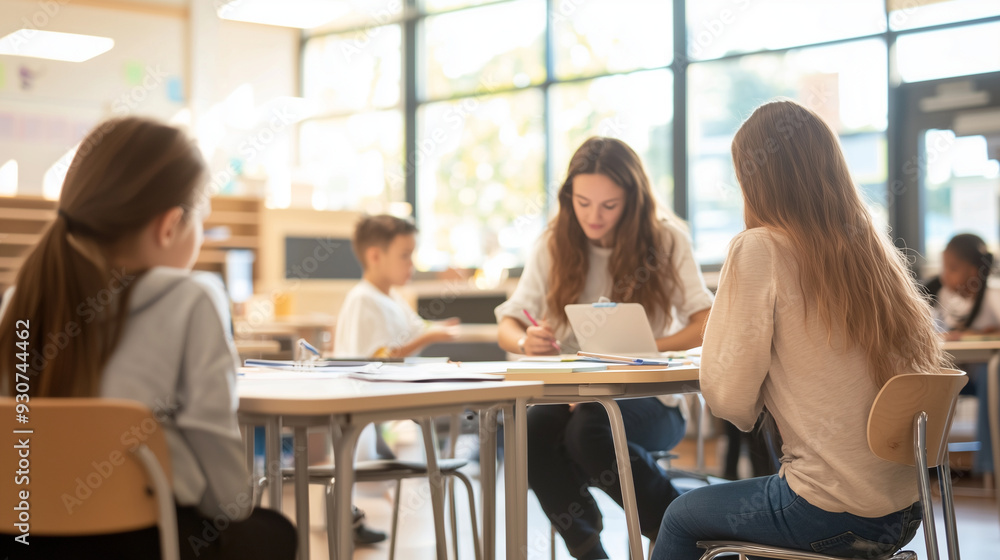 In a classroom setting, a teacher and parents have a focused conversation, emphasizing collaboration and the child's learning journey. photo In a classroom setting, a teacher and parents have a focused conversation, emphasizing collaboration and the child's learning journey. photo