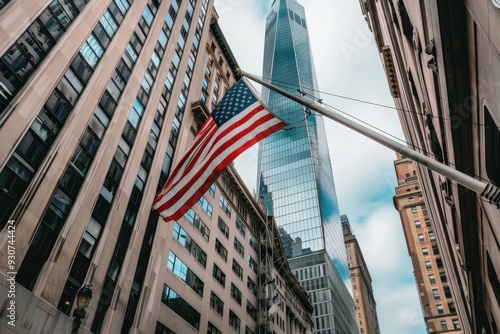 Wall Street, American flag on a pole in the foreground, tall buildings in the background Generative AI