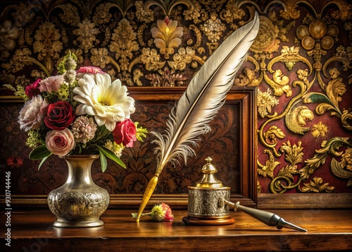 Ornate, illustrative depiction of a quill pen, scrolls, and flowers, evoking the elegance and literary grandeur of Elizabethan England's rich cultural heritage.