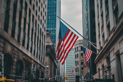 Wall Street, American flag in the background, buildings, New York City photography Generative AI