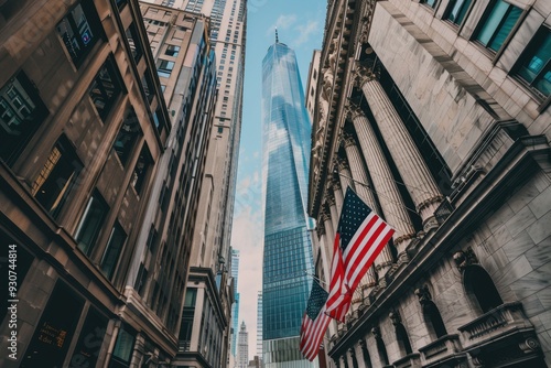 A street view of Wall Street in New York City, with the iconic American flag flying and skyscrapers towering above Generative AI