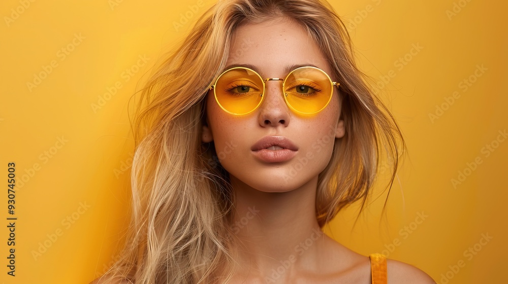 A Stylish Blonde Woman Rocking Yellow Sunglasses and Posing Against a Vibrant Yellow Background A Stylish Blonde Woman Rocking Yellow Sunglasses and Posing Against a Vibrant Yellow Background