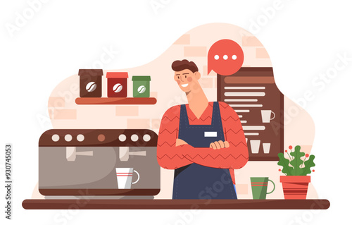 Barista man at workplace. Young guy in uniform stands near coffee machine. Catering service worker prepares hot drinks. Aroma and beverage. Macchiano and cappuccino. Flat vector illustration