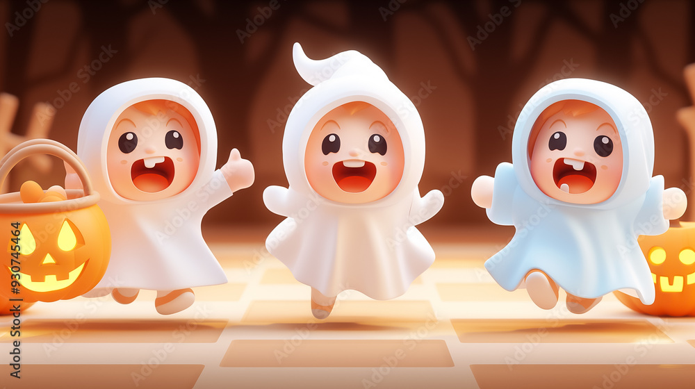 Obraz premium Three cheerful cartoon ghosts in costumes are happily running and celebrating Halloween, each holding a pumpkin bucket filled with goodies