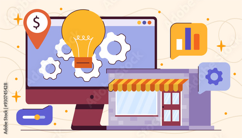 Brand marketing concept. Huge computer monitor with light bulb near store building. Promotion in social networks and messengers. Advertising and campaign. Flat vector illustration