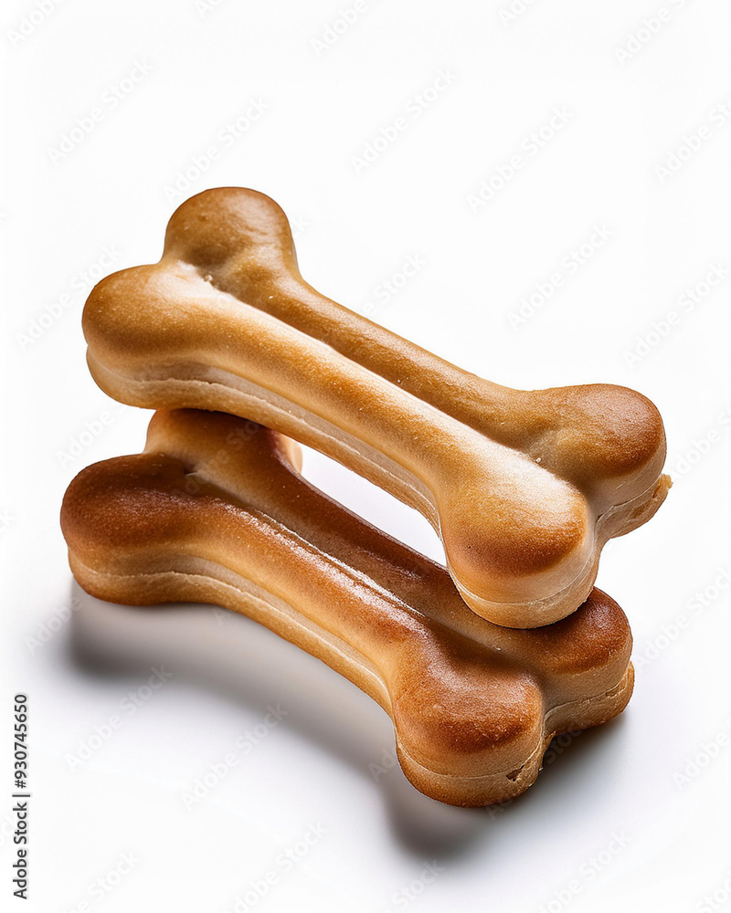 2 dog biscuits in the shape of a dog bone stacked crosswise on a white ...