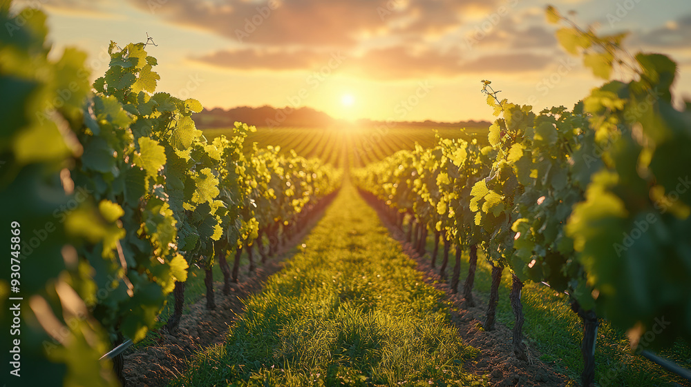 Naklejka premium Bright Vineyard with Green Grass