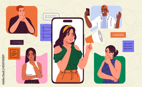 Business online meeting. Woman with loudspeaker on smartphone screen communicates with men and women. Video call on internet. Remote workers and freelancers. Flat vector illustration