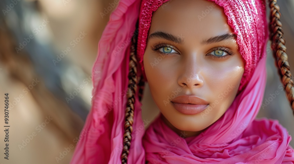 Attractive young hijab female model in pink outfit with braids hairstyle Attractive young hijab female model in pink outfit with braids hairstyle
