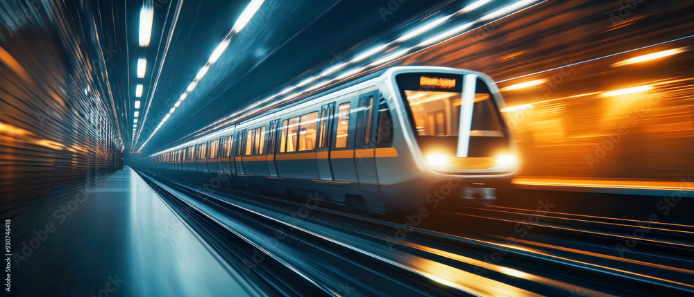 Fototapeta premium High-Speed Metro Train in Modern Underground Tunnel