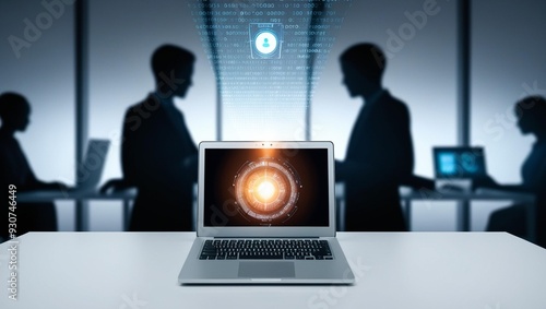 A modern workspace featuring a laptop projecting holographic data above the screen. In the background, shadowy figures of people are seen communicating through futuristic devices.