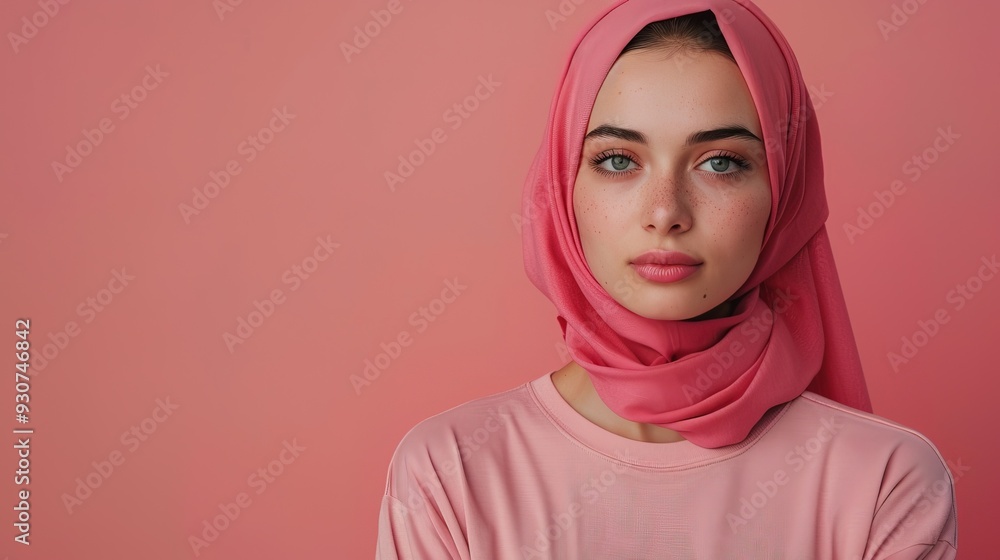 Hijab woman gen z model wearing tshirt looking at camera standing on color background. Face skin care cosmetics makeup Hijab woman gen z model wearing tshirt looking at camera standing on color background. Face skin care cosmetics makeup