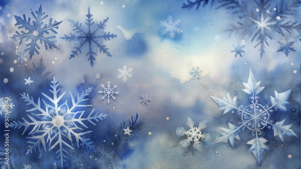 Floating snowflakes on soft blue background with a dreamy effect