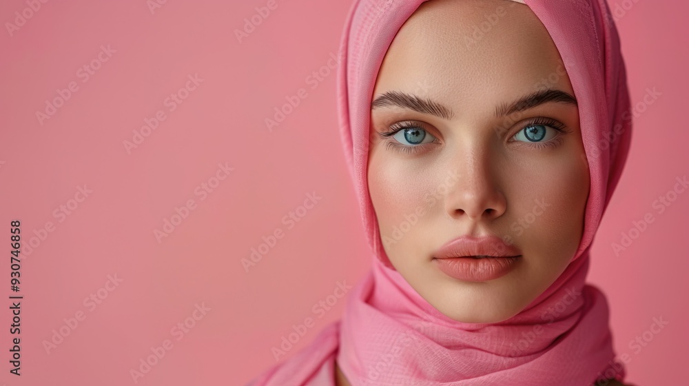 Hijab woman gen z model wearing tshirt looking at camera standing on color background. Face skin care cosmetics makeup Hijab woman gen z model wearing tshirt looking at camera standing on color background. Face skin care cosmetics makeup