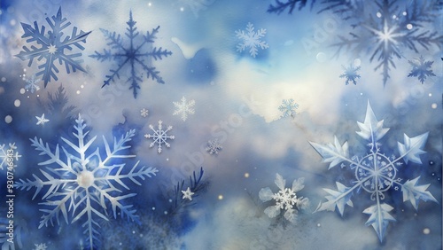 Floating snowflakes on soft blue background with a dreamy effect