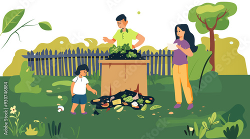 Family composting in backyard garden sustainability eco-friendly lifestyle green environment