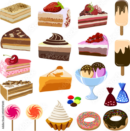 Set of sweet desserts in color illustration.Vector color set of sweet desserts on a white background.