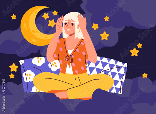 Woman with circadian rhythm. Young girl sits on bed at night. Person suffers from insomnia. Unhealthy lifestyle and incorrect daily routine. Rest and relaxation. Flat vector illustration
