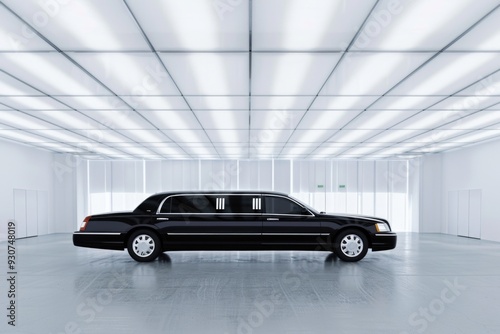 A black limousine parked in a luxurious white room, great for corporate or executive environments