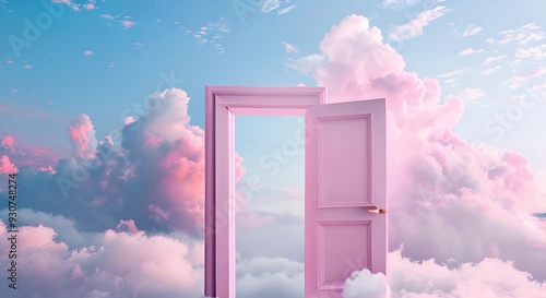 Purple Doorway Leading Through Clouds to a Bright Golden Sky