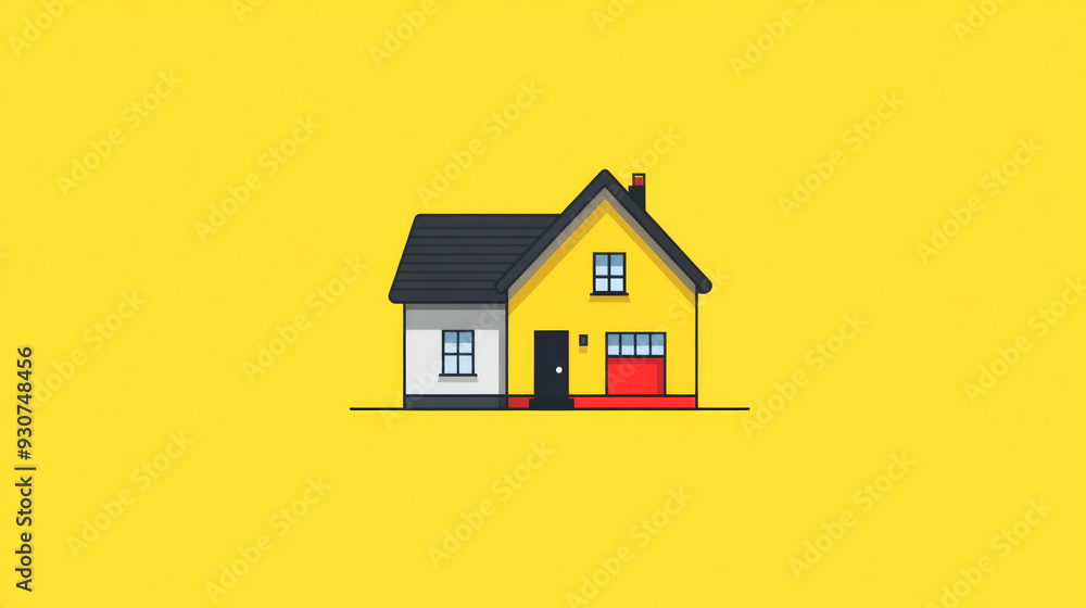 A simple, vector-style illustration of a house with a yellow facade, black roof, and red garage on a solid yellow background. A simple, vector-style illustration of a house with a yellow facade, black roof, and red garage on a solid yellow background.
