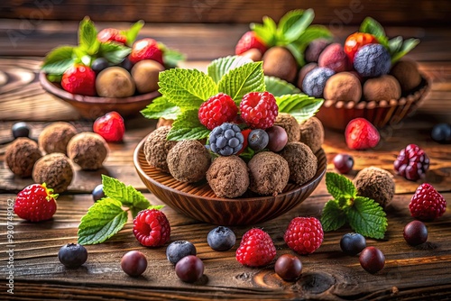 Rich, velvety, dairy-free chocolate truffles sit atop a rustic wooden table, surrounded by fresh berries and lush greenery, evoking a sense of indulgent, guilt-free luxury. photo