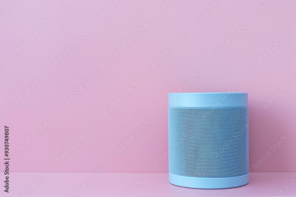 A blue speaker sits atop a pink surface A blue speaker sits atop a pink surface
