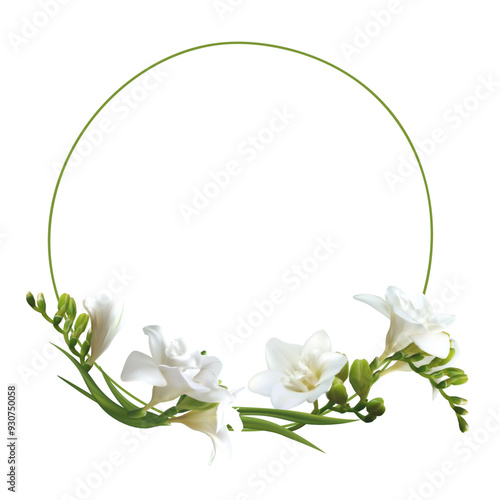 Tropical flowers. White freesia. Floral background. Round frame decorated with flowers.