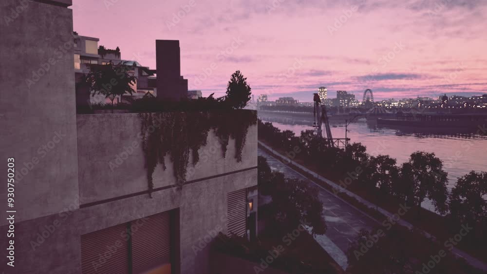 A balcony providing a view of a river and the surrounding cityscape. A balcony providing a view of a river and the surrounding cityscape.