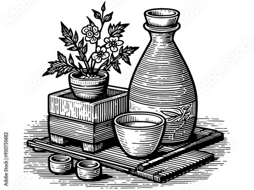 Template national Japanese alcoholic drink sake. Bottle and glass. Vector, generative ai.