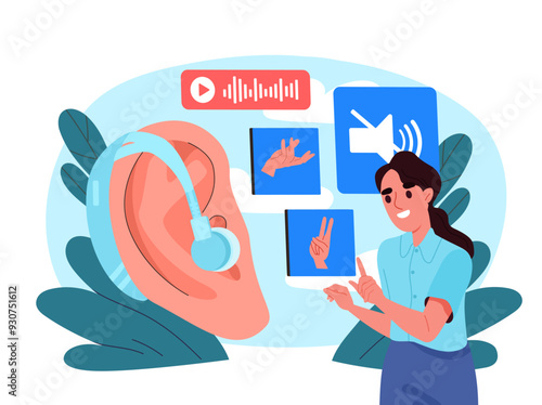 Deaf educatior concept. Woman near huge ear with hearing aid. Sign language for people with disabilities. Girl with communication problems. Flat vector illustration isolated on white background