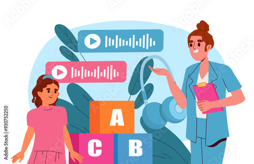 Development of pronunciation. Woman speech therapist teaches girl to read. Education, learning and training. Speech correction for preschoolers. Flat vector illustration isolated on white background