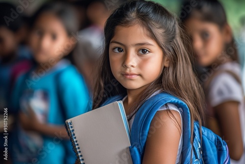 Young girl with a serious expression holding a book.