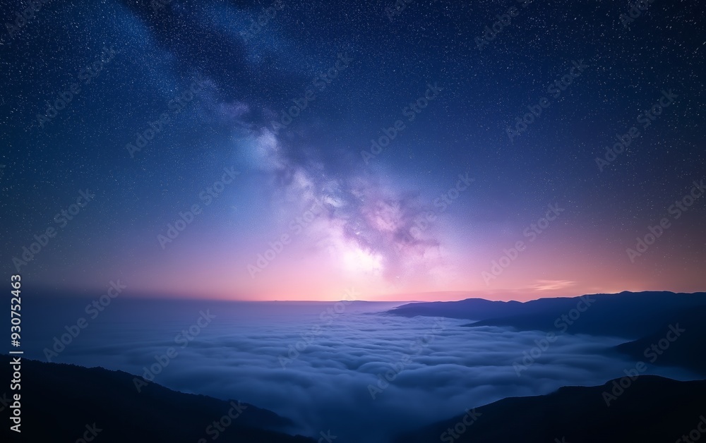 A breathtaking view of the Milky Way over a sea of clouds at dawn. A breathtaking view of the Milky Way over a sea of clouds at dawn.