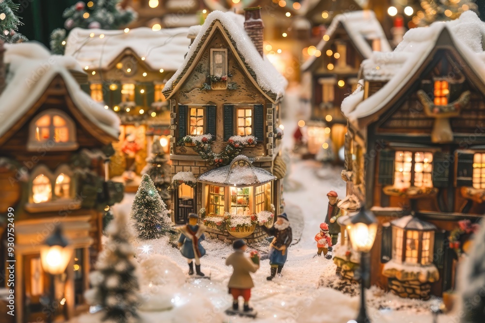 Fototapeta premium A picturesque view of a Christmas village with quaint shops and houses, snow - covered rooftops, and people walking with gifts
