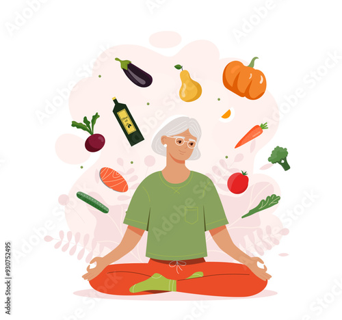 Old woman with diet. Grandmother sitting in lotus position with vegetables. Carrot, pear and melon, slice of fish. Senior with proper nutrition. Flat vector illustration isolated on white background
