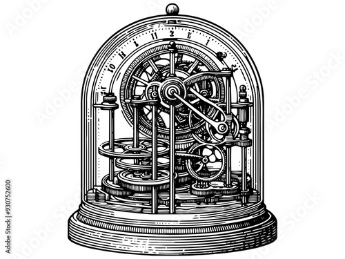 Intricate Mechanical Clock Drawing with Detailed Gears and Components. Vector, generative ai.